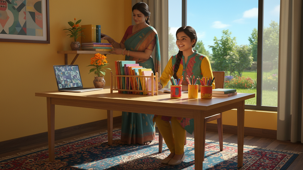 Eye-level view of a tidy study desk with books and stationery neatly arranged