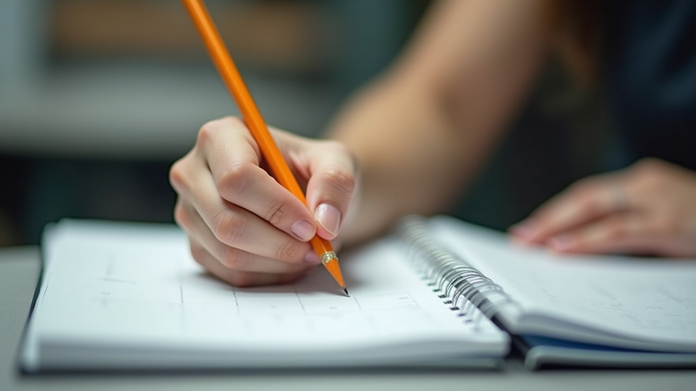 Close-up view of a student’s hand holding a pencil over a workbook