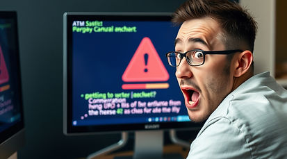 computer virus on a computer users monitor and the user is surprised expression on their f