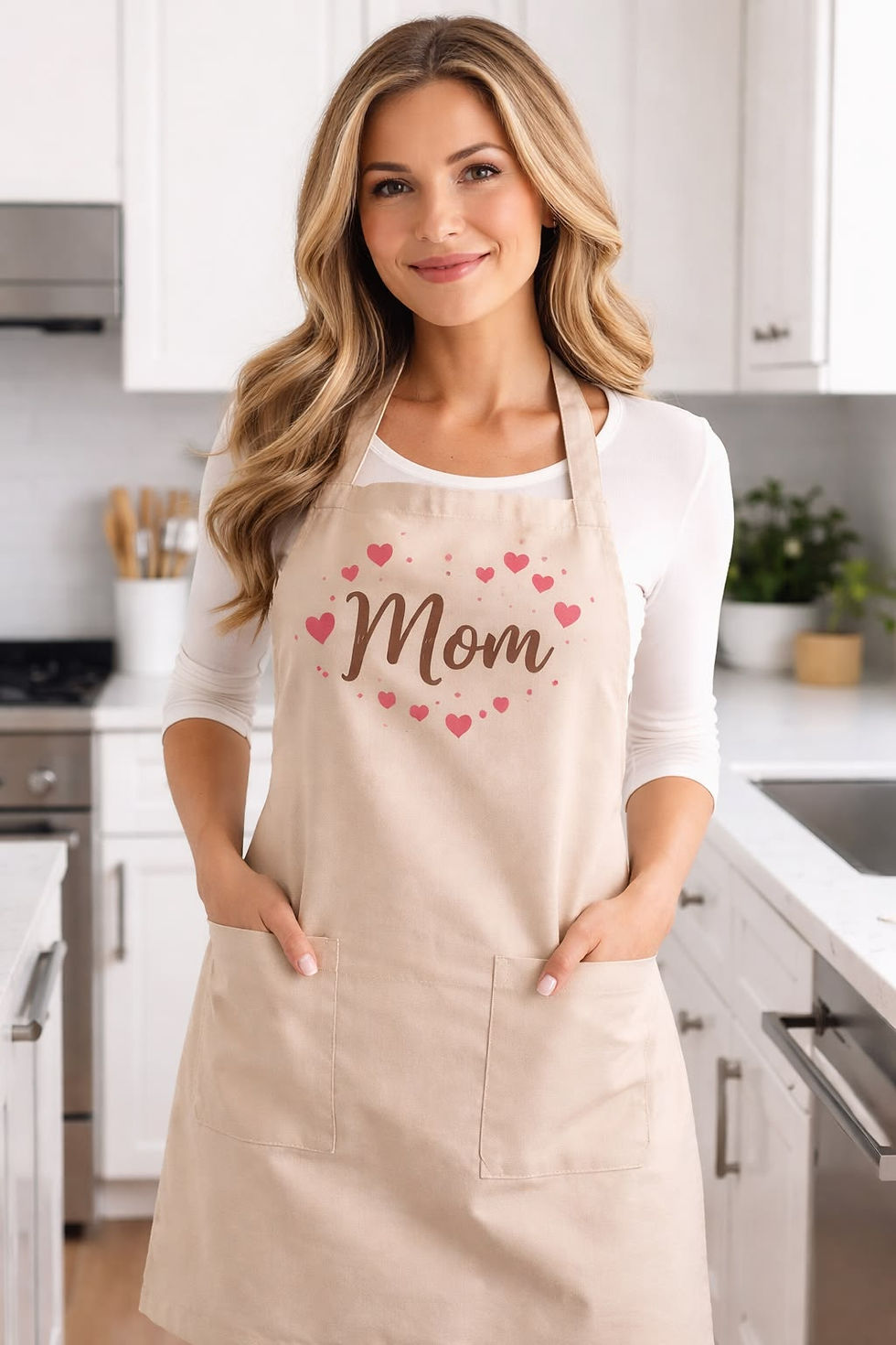 Woman smiling in a kitchen, wearing a beige apron with "Mom" and hearts. Bright, modern setting with white cabinets and plants.