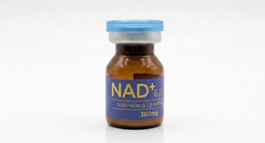 Close-up view of a glass vial with freeze-dried NAD+ and NMN powder on a white surface
