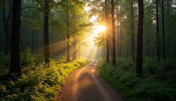 Eye-level view of a winding forest path leading toward a bright horizon