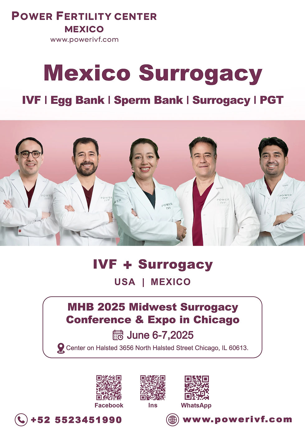 Equipo médico de Power Fertility Center, especialistas en fertilidad, posando juntos. El poster incluye los servicios ofrecidos: FIV, subrogación en México, bancos de óvulos y esperma, y diagnóstico genético preimplantacional (PGT). Información de contacto visible al final: teléfono, correo electrónico y sitio web.