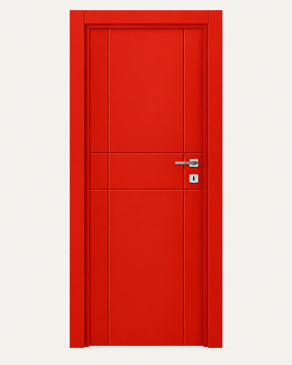 Porta interna rossa con incisioni rettangolari, modello LAM-41.