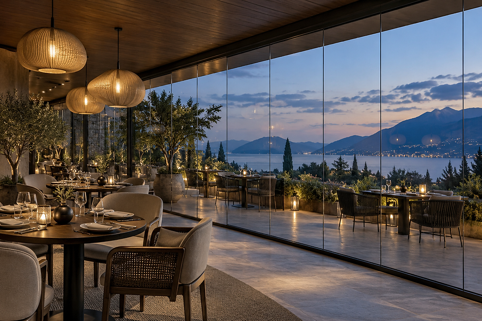 Vetrata panoramica KORWIN Orizzonte in un ristorante con vista sul lago.