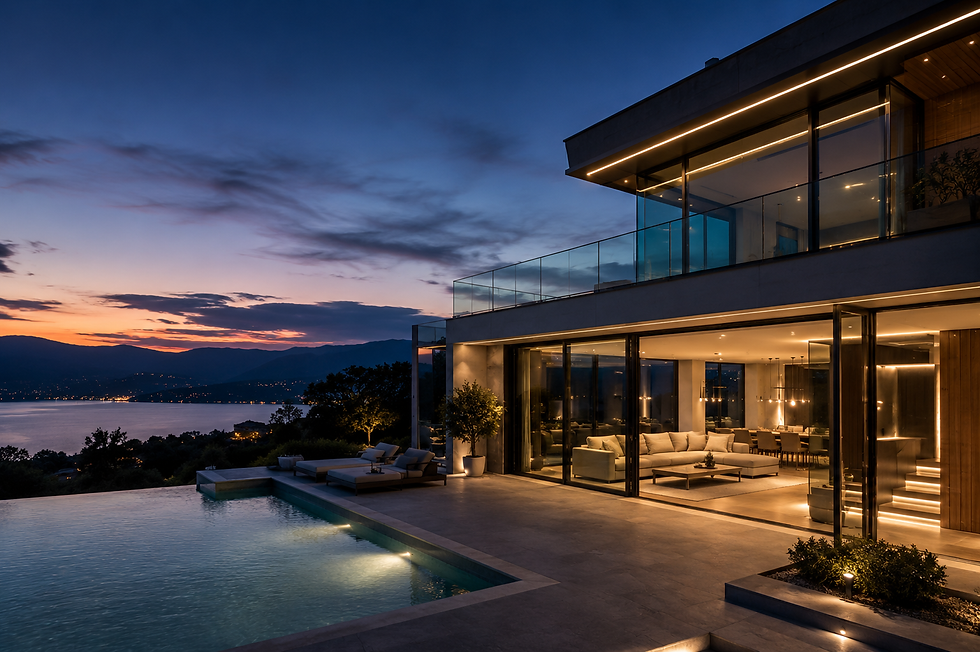 Villa sul lago al tramonto con grandi vetrate e terrazza protetta da balaustre in vetro.