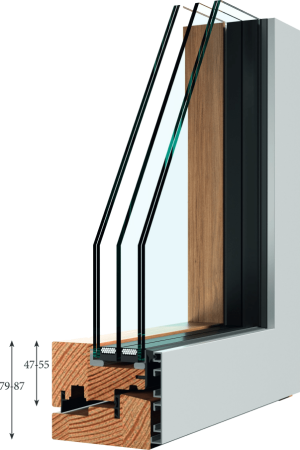 Sezione di una finestra KORWIN in legno-alluminio con rivestimento esterno e vetrocamera.