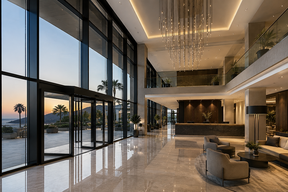 Hall di un hotel con vetrate a tutta altezza, ingresso in vetro e vista sulle palme al tramonto.
