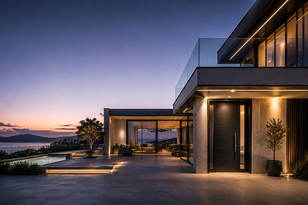 Villa contemporanea al crepuscolo con grandi vetrate, porta d’ingresso scura e balaustra in vetro, nella sezione progetti KORWIN.