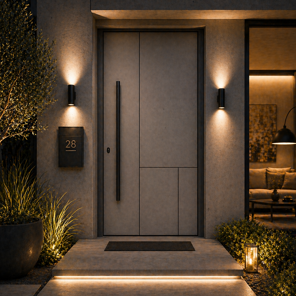 Porta blindata KORWIN grigio tortora dal design minimale con maniglione nero verticale.