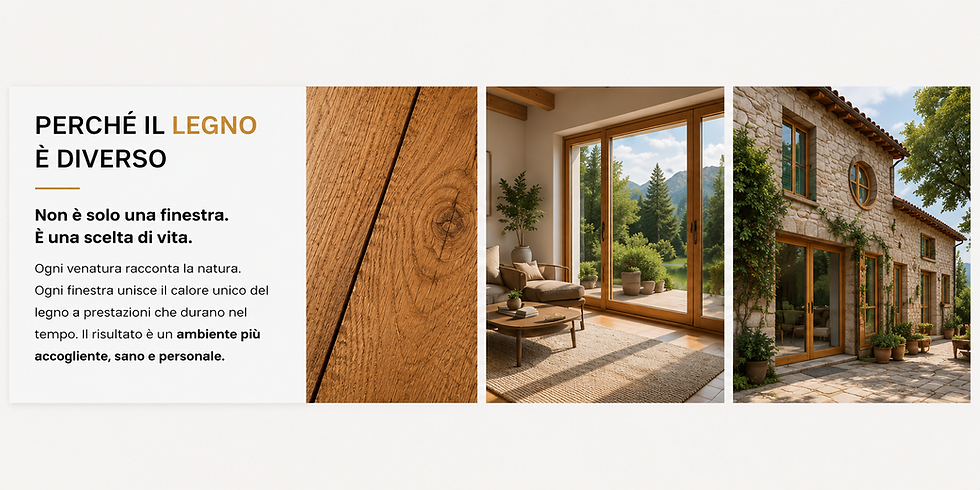 Il calore naturale del legno: venature del materiale, living con ampia finestra in legno e facciata in pietra con serramenti in legno.