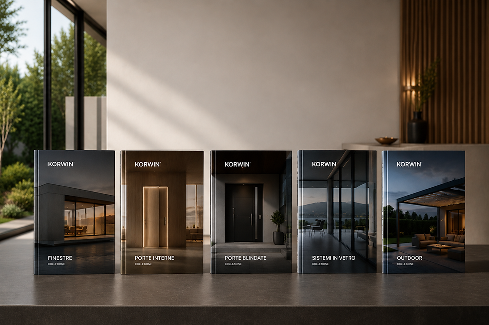 Cinque cataloghi KORWIN dedicati a finestre, porte, grandi aperture e soluzioni in vetro, esposti in un ambiente contemporaneo.