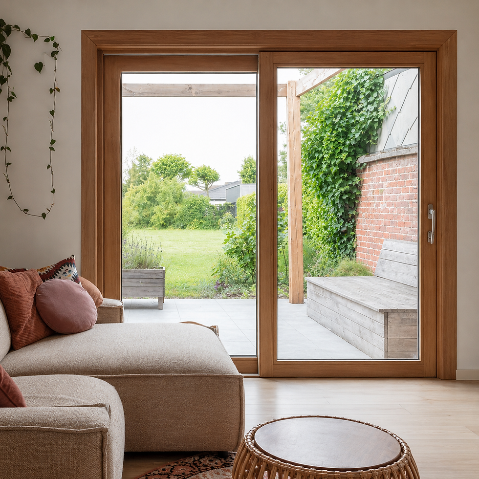Finestra KORWIN con telaio effetto legno affacciata su un giardino luminoso.