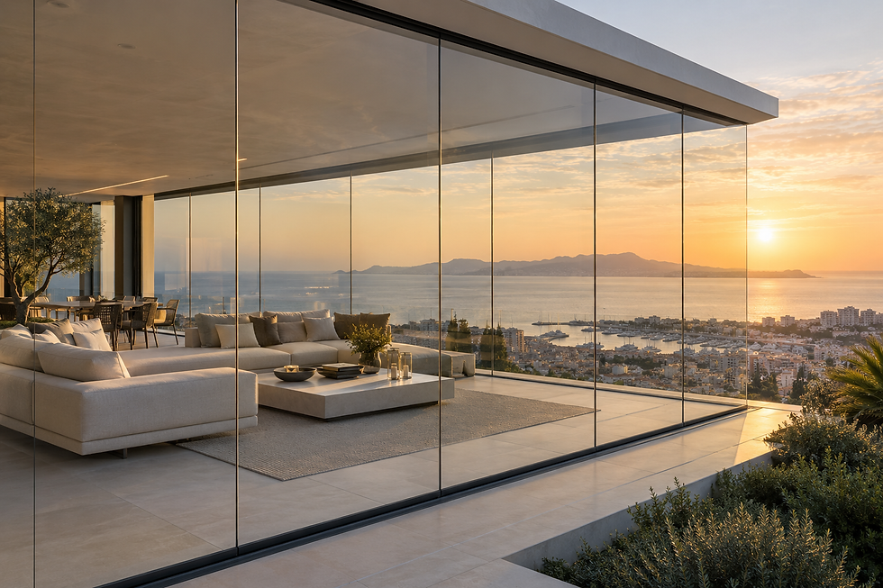 Vetrata panoramica KORWIN Orizzonte su terrazzo con vista sul mare al tramonto.