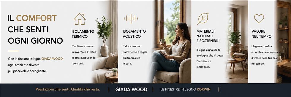 Comfort delle finestre KORWIN Giada Wood: ambienti luminosi, donna seduta accanto alla finestra, isolamento termico e acustico, materiali naturali e durata nel tempo.