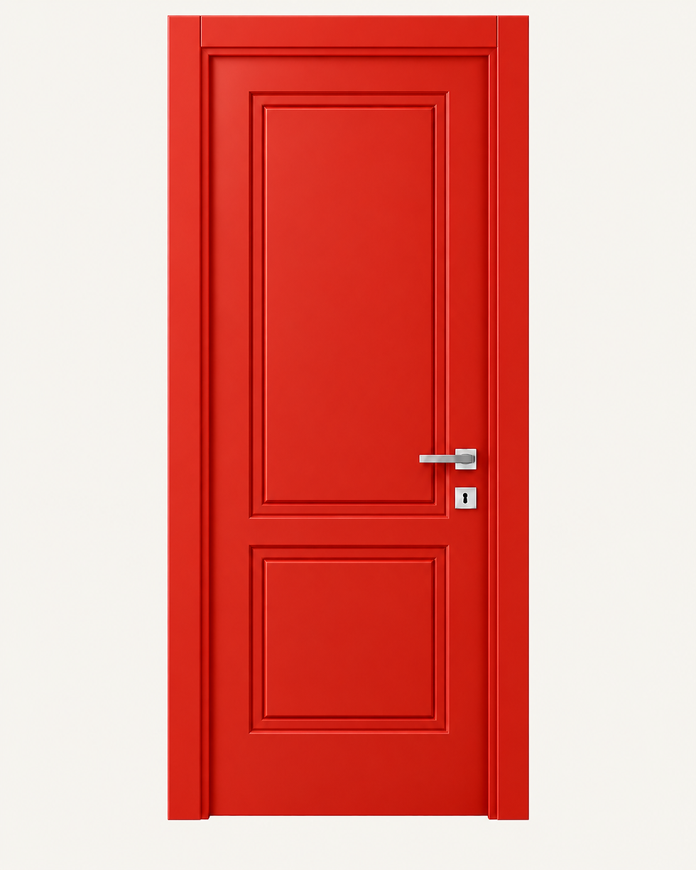 Porta interna rossa con due pannelli sagomati, modello LAM-01.