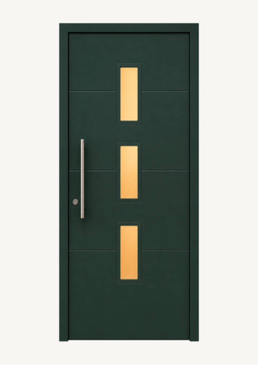 Porta KORWIN Infinity Glass 04 verde scuro con tre inserti in vetro.