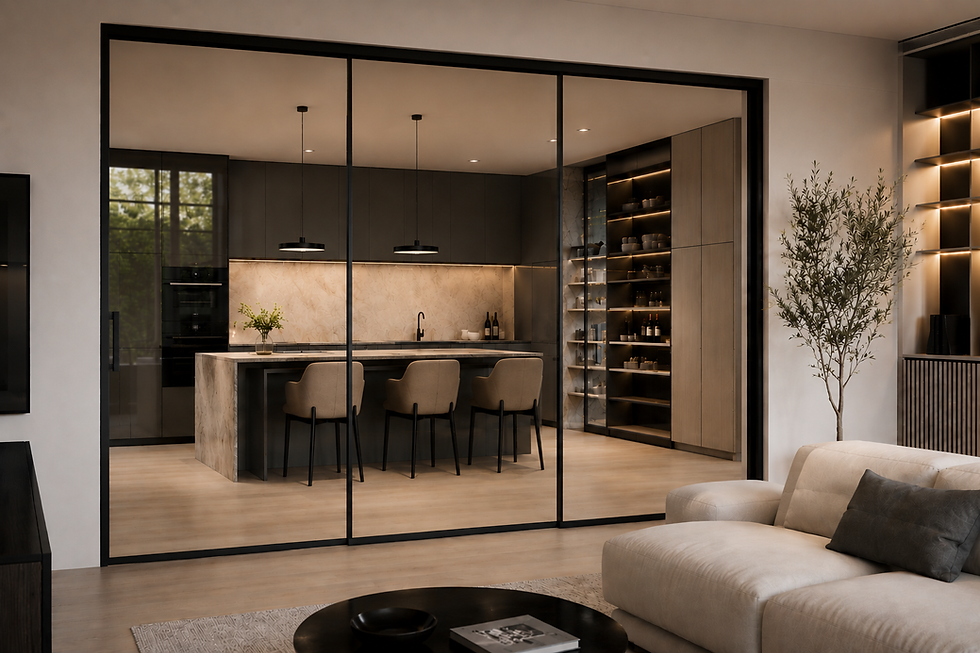 Parete vetrata con profili neri tra soggiorno e cucina moderna.