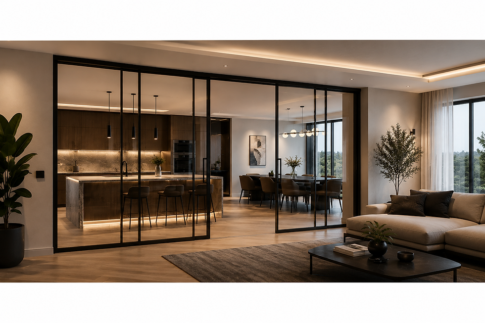 Divisori in vetro con profili neri tra cucina e soggiorno in un progetto di interior design contemporaneo.