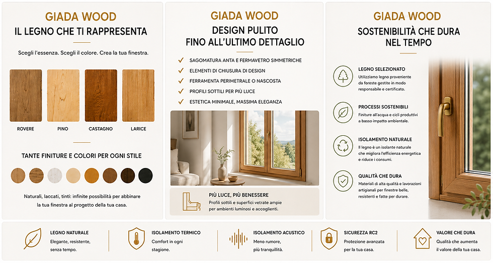 Finiture e design KORWIN Giada Wood: campioni di rovere, pino, castagno e larice, colori personalizzabili e dettagli della finestra in legno.