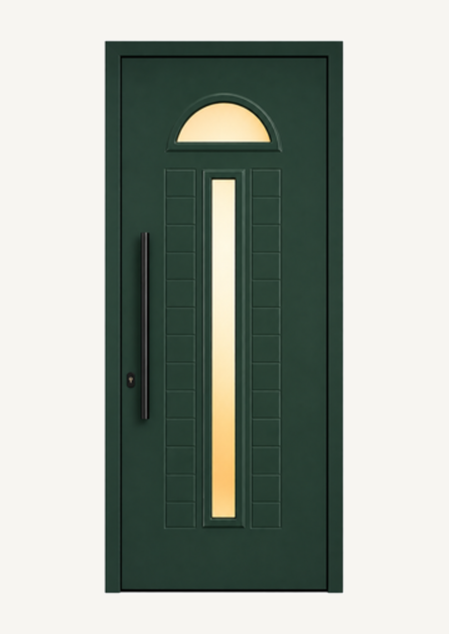 Porta KORWIN Infinity Glass 07 verde con vetro verticale e sopraluce semicircolare.