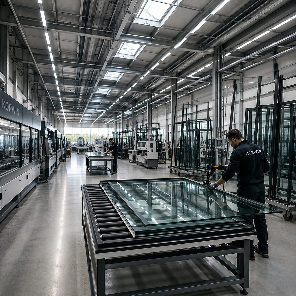 Interno dello stabilimento KORWIN con macchinari per la lavorazione del vetro.