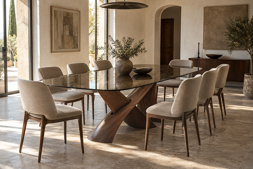 Tavolo con piano in vetro e base incrociata in legno.