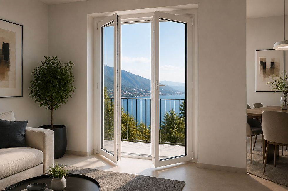 Portafinestra Solaris in PVC bianco aperta verso un balcone con vista sul lago.
