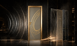 Porta Morgana Dubai in vetro fumé con decorazione curva, cornice e maniglia dorate.