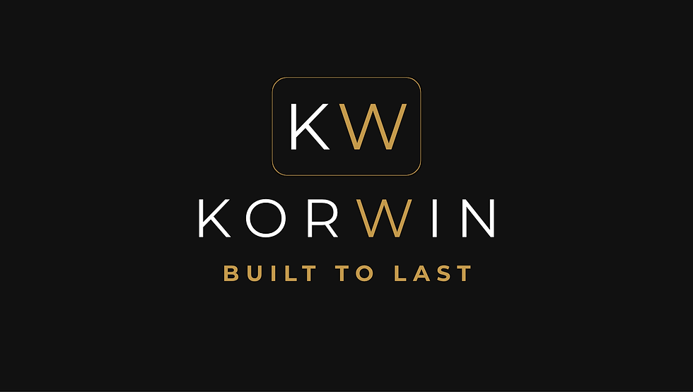 Logo KW KORWIN con motto Built to last su fondo nero.