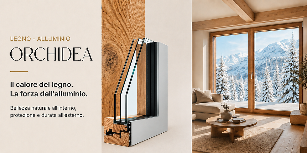 Finestra KORWIN Orchidea in legno-alluminio: sezione del profilo con legno interno, rivestimento esterno in alluminio e vetrocamera, accanto a un living con vista sulle montagne.