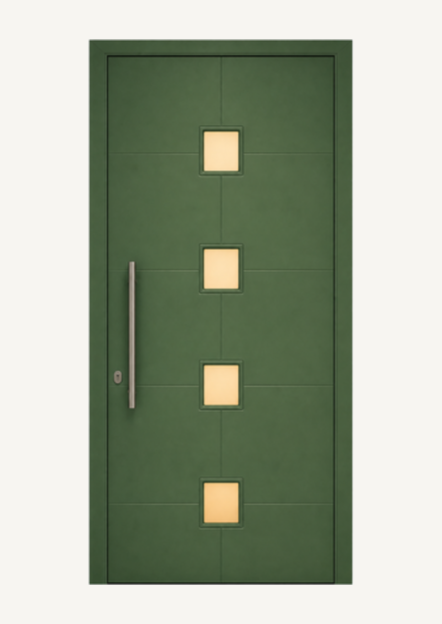 Porta KORWIN Infinity Glass 05 verde con quattro vetri quadrati.