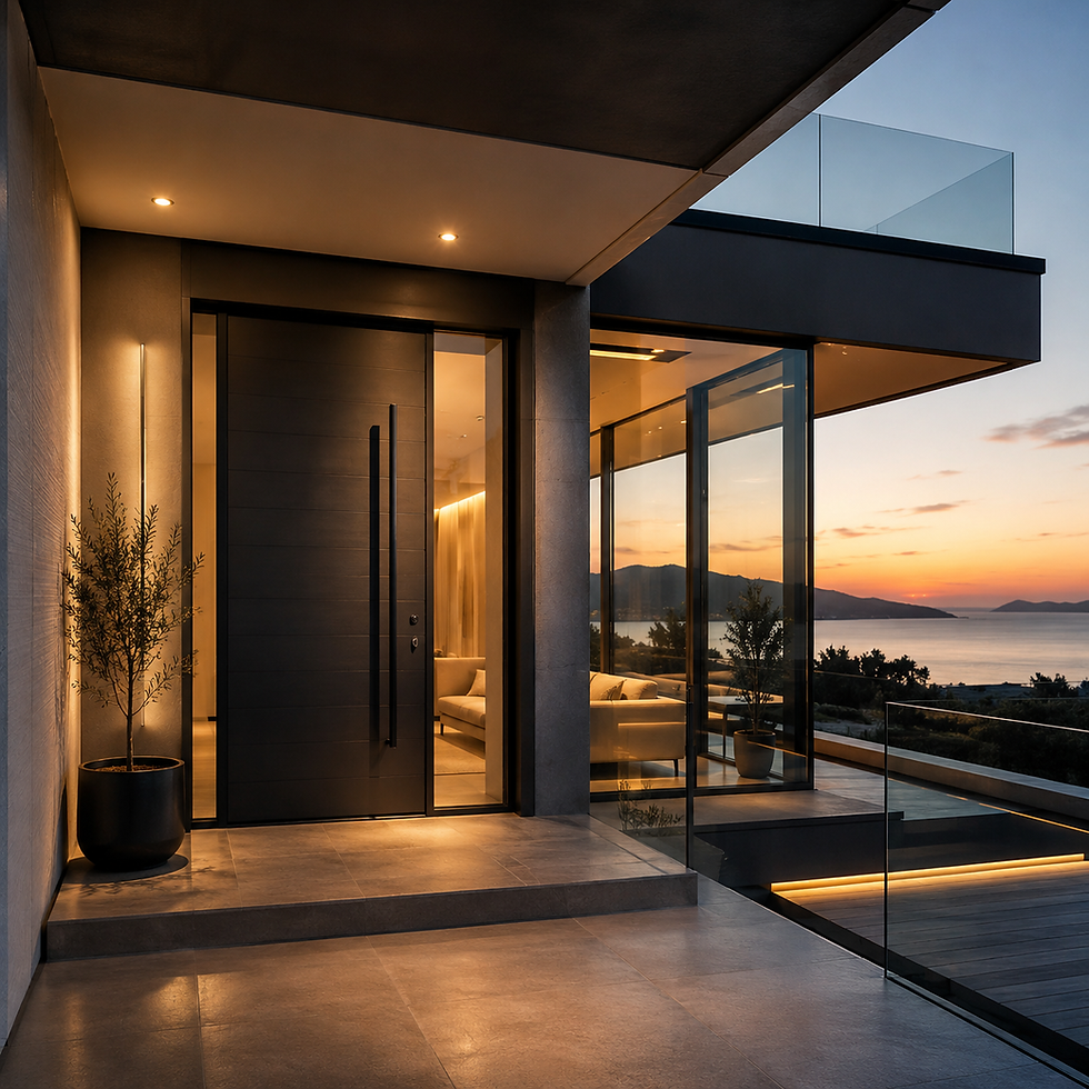 Ingresso di una villa moderna con porta scura, grandi vetrate e balaustra in vetro al tramonto.