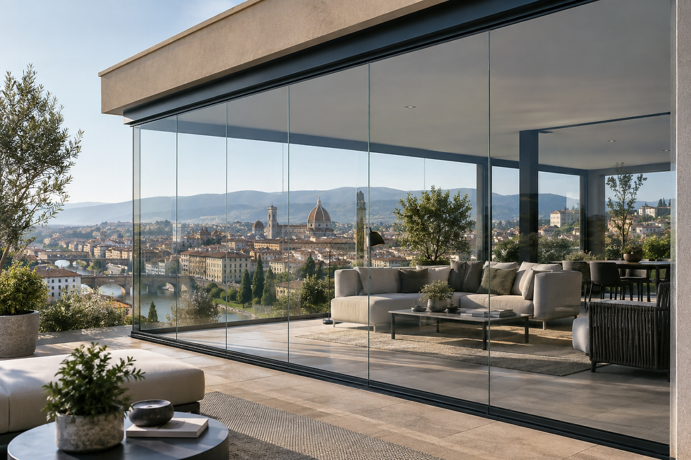 Vetrata panoramica KORWIN Orizzonte su terrazzo con vista sulla città.