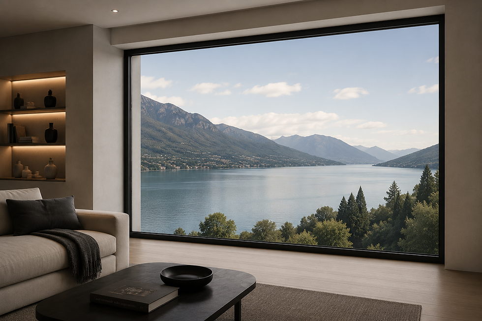 Soggiorno con grande vetrata panoramica affacciata sul lago e sulle montagne.