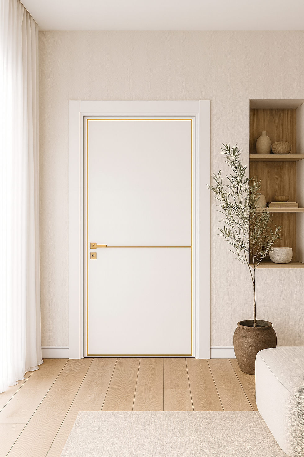 Porta interna bianca con cornice e maniglia dorate in un ambiente dalle tonalità chiare.