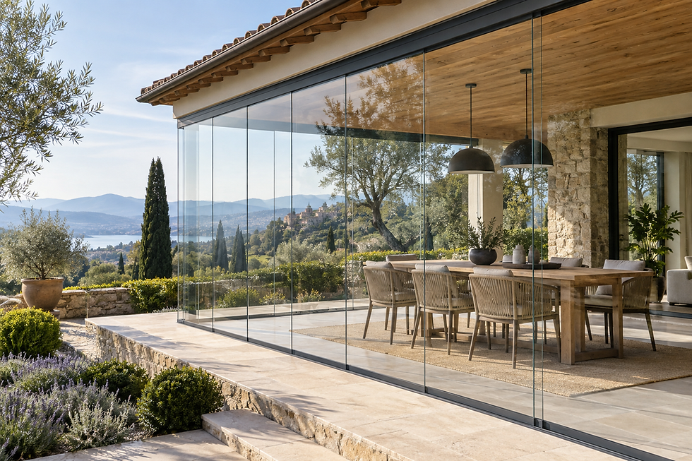 Vetrata panoramica KORWIN Orizzonte per veranda di una villa immersa nel verde.