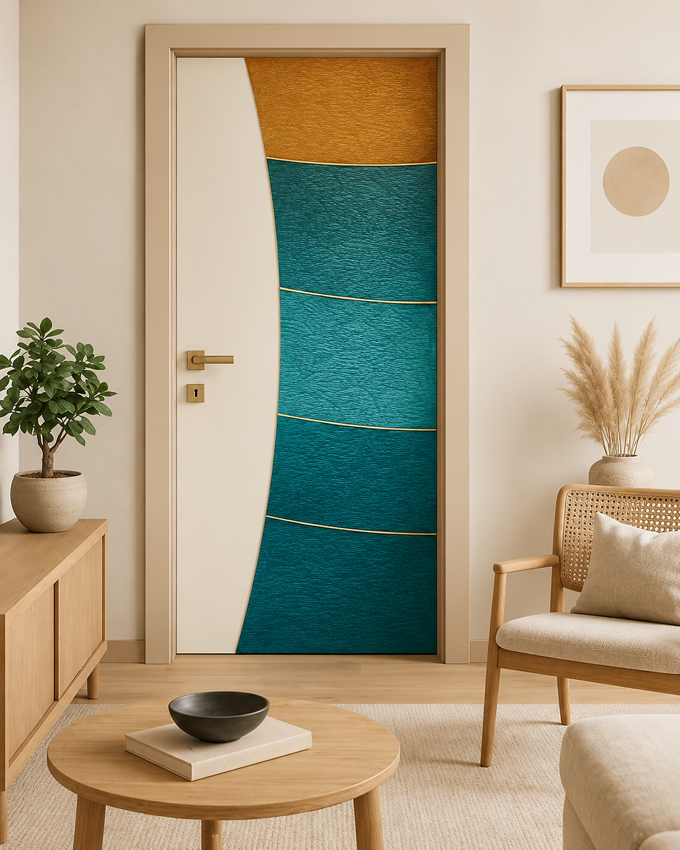 Porta KORWIN Morgana Infinite You con vetro turchese, fascia dorata e decoro curvo.