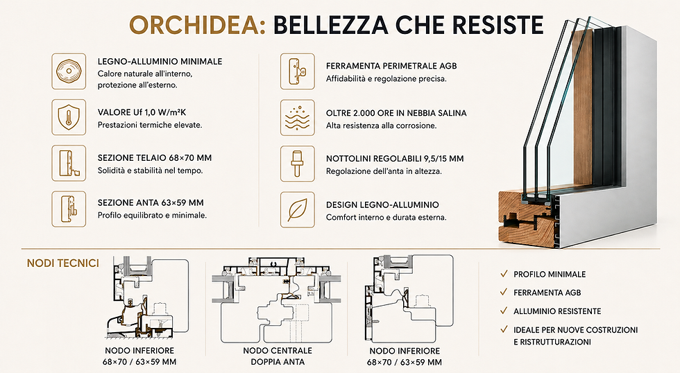 Scheda tecnica della finestra KORWIN Orchidea in legno-alluminio: sezione del profilo, ferramenta AGB e disegni dei nodi costruttivi.