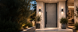 Porta d’ingresso KORWIN Infinity grigia con maniglione verticale al crepuscolo.