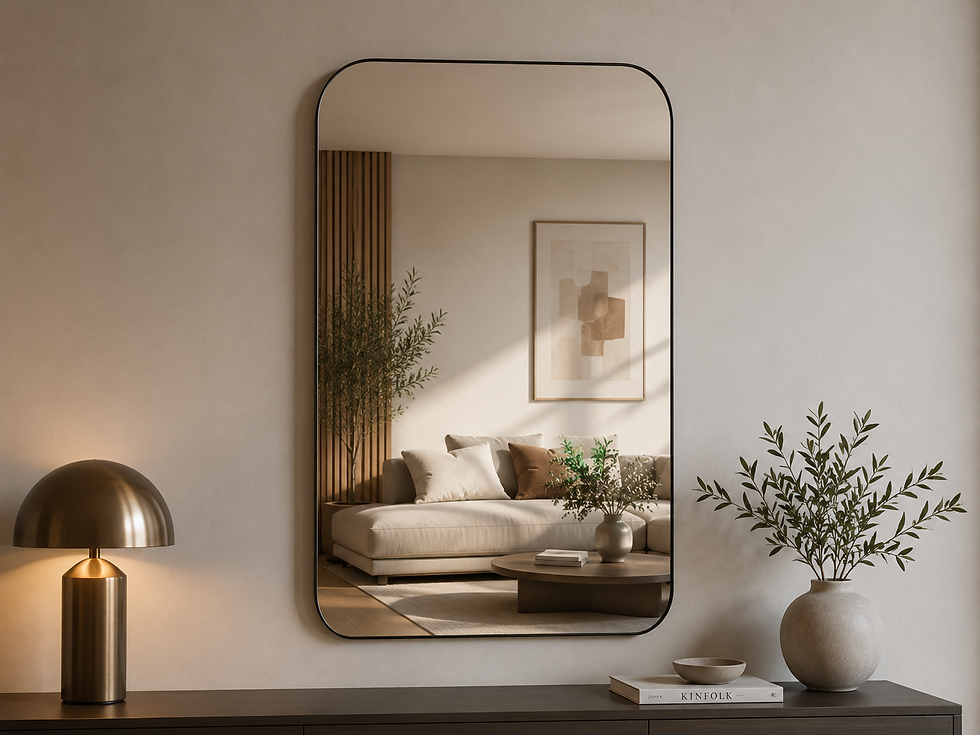 Specchio KORWIN rettangolare con angoli arrotondati e cornice scura in un ambiente luminoso.