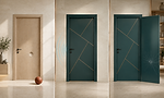 Tre scene a confronto: porta in legno e porta Morgana Intreccio Urbano verde petrolio con pannello in vetro.