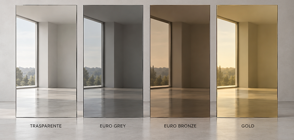 Confronto delle finiture degli specchi: trasparente, Euro Grey, Euro Bronze e Gold.