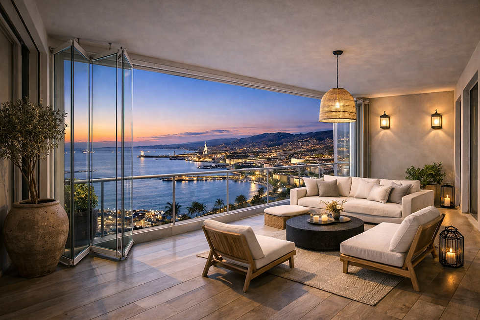 Vetrata KORWIN Orizzonte Fold con ante raccolte lateralmente e vista sul mare.