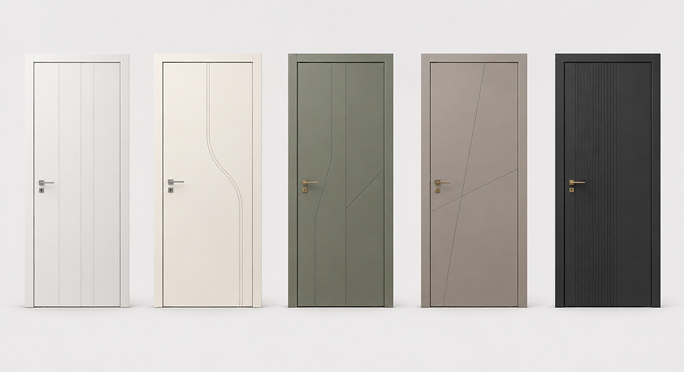 Porta interna KORWIN dal design contemporaneo, disponibile nelle collezioni Laccate a mano, Intaglio, Morgana e Vetra.