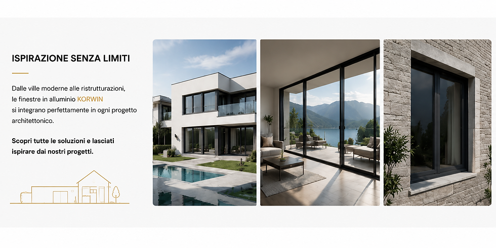 Ispirazioni KORWIN in alluminio: villa contemporanea con piscina, living con vetrata sul lago e finestra dai profili scuri inserita in una facciata in pietra.