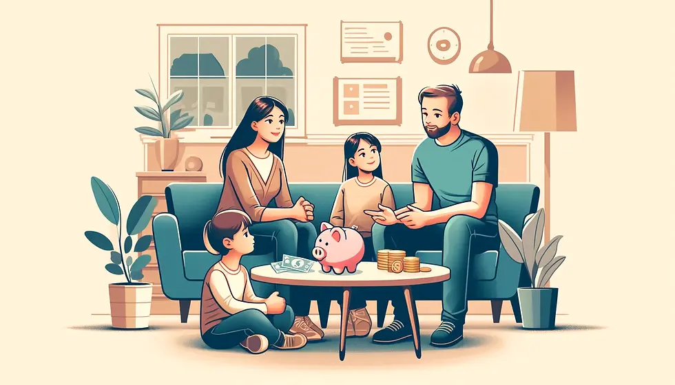 משפחה בשיחה משפחתית על כסף ועל השולחן כסף וקופה אישית