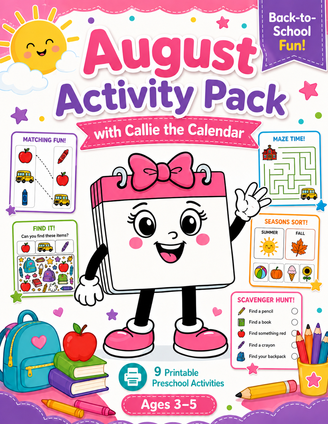Callie the Calendar August Activity Pack | 9 Printable Preschool Activities Ages