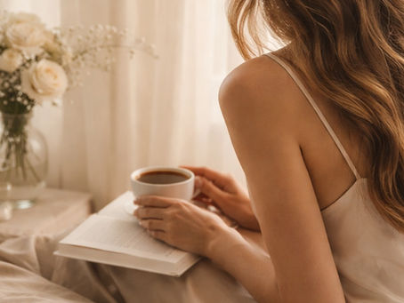 A woman resting quietly by a window in soft morning light, creating a sense of calm, ease, and gentle living