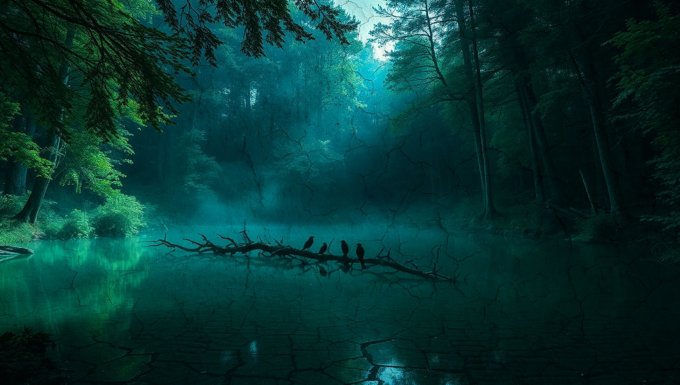 Surreal image of four ravens perched on a branch above a cracked lake bed, surrounded by a dark forest with light creating mist on teal water.